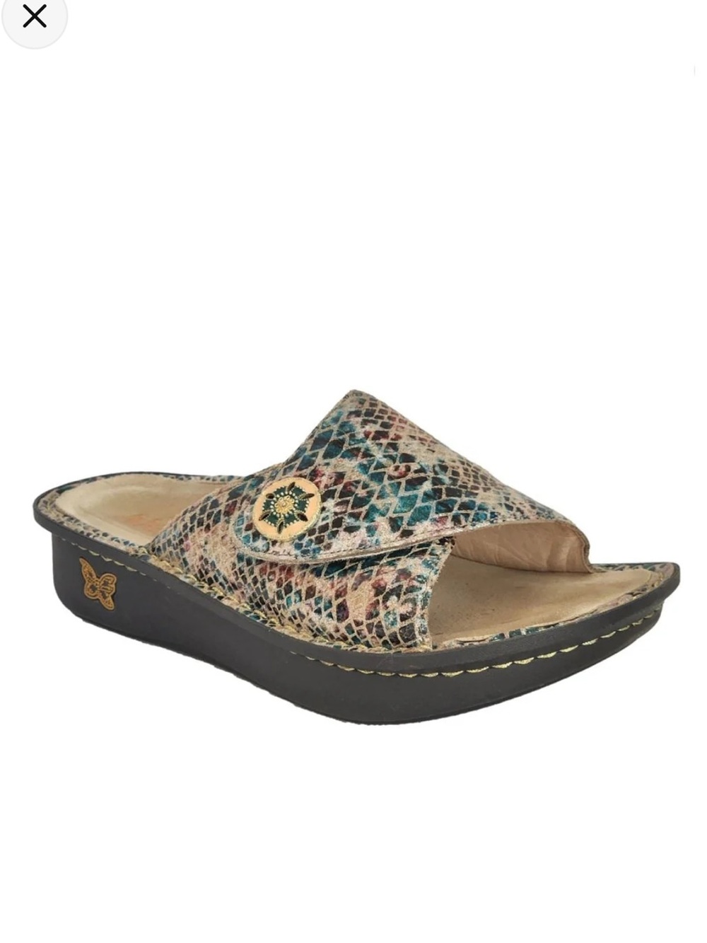 Alegria Kylee Adjustable MetallicSnake PrintLeather Comfort Slide Sandals NWOT 9